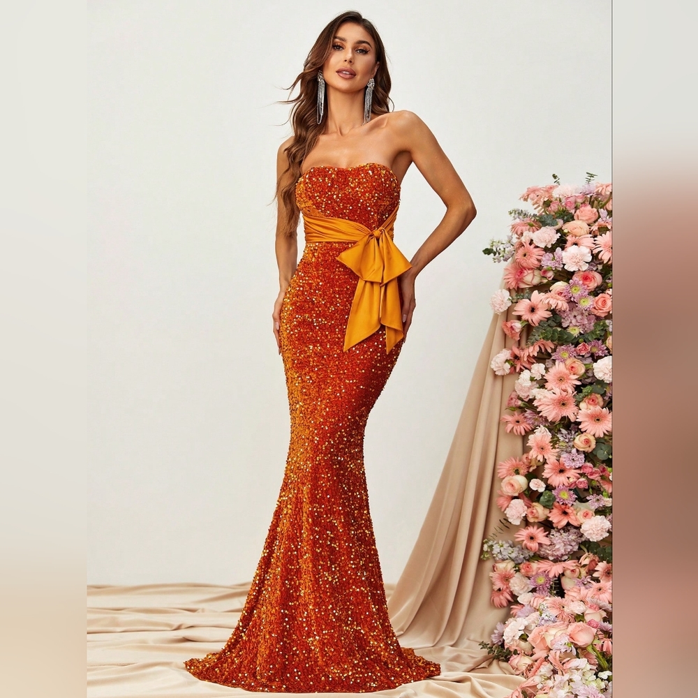 Burnt orange sequin strapless mermaid dress